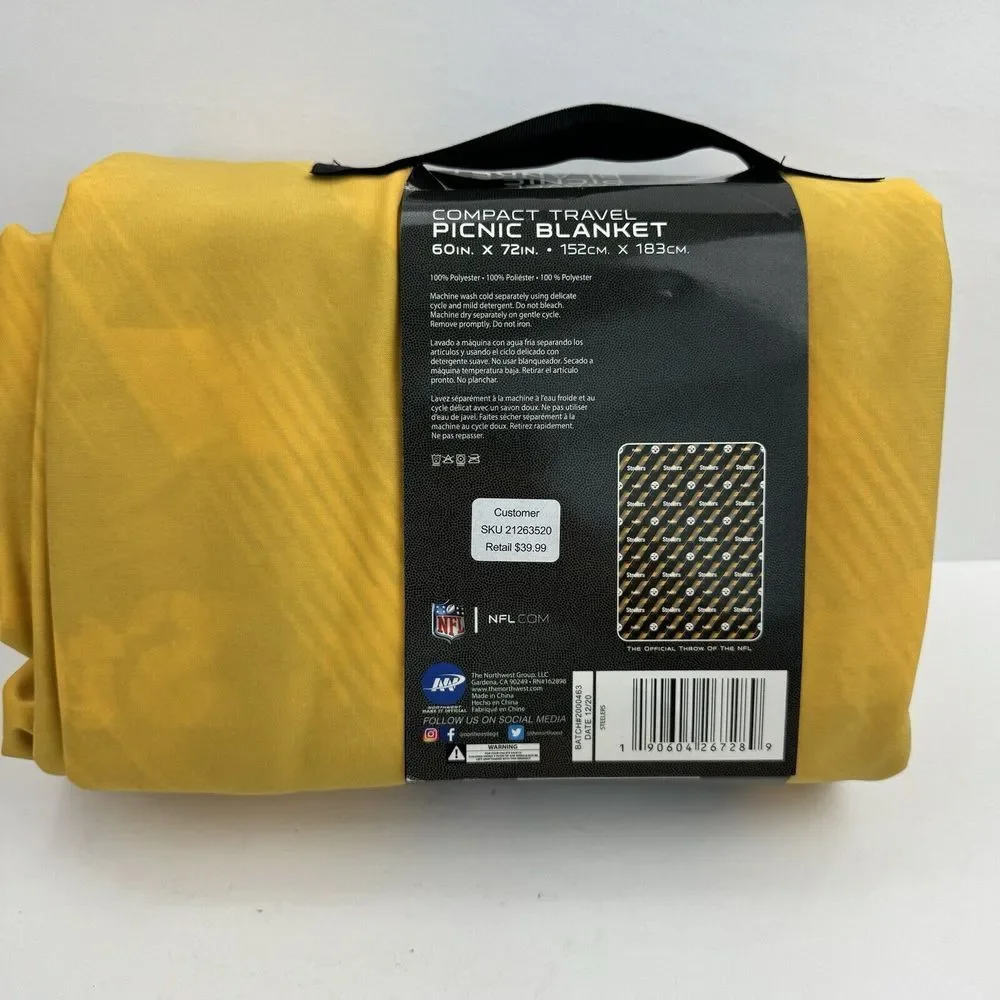 Pittsburgh Steelers Picnic Blanket Black/Gold Team Logo Compact Travel 60x72 NIP